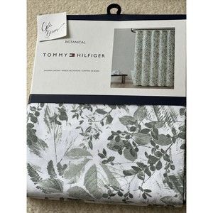 Tommy Hilfiger Botanical Cotton Blend Shower Curtain Green Flowers Leaves White